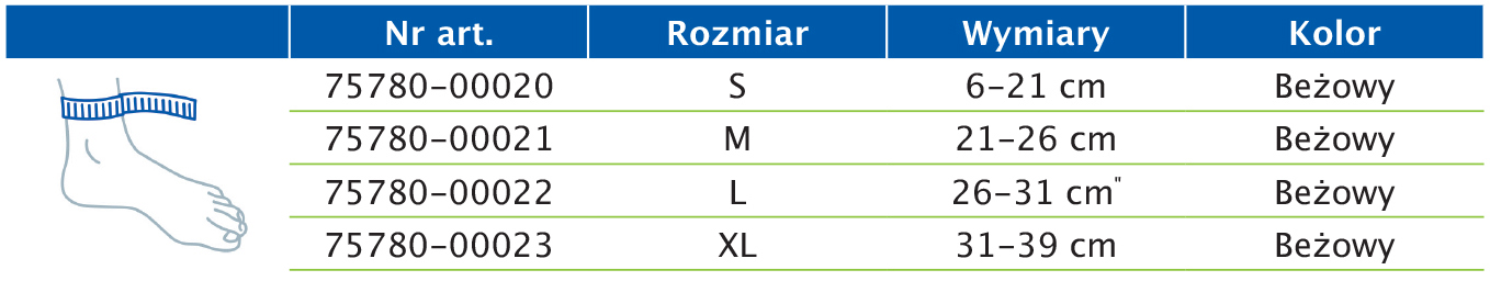 Tabela rozmiarów przedstawiająca wymiary opaski na staw skokowy Actimove Arthritis Care Tabela rozmiarów przedstawiająca wymiary opaski na staw skokowy Actimove Arthritis Care